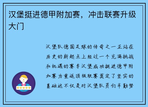 汉堡挺进德甲附加赛，冲击联赛升级大门