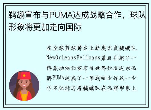 鹈鹕宣布与PUMA达成战略合作，球队形象将更加走向国际