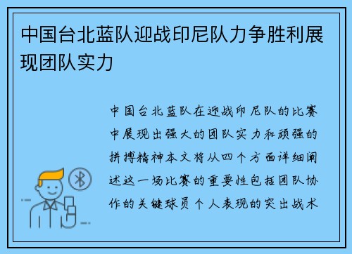 中国台北蓝队迎战印尼队力争胜利展现团队实力